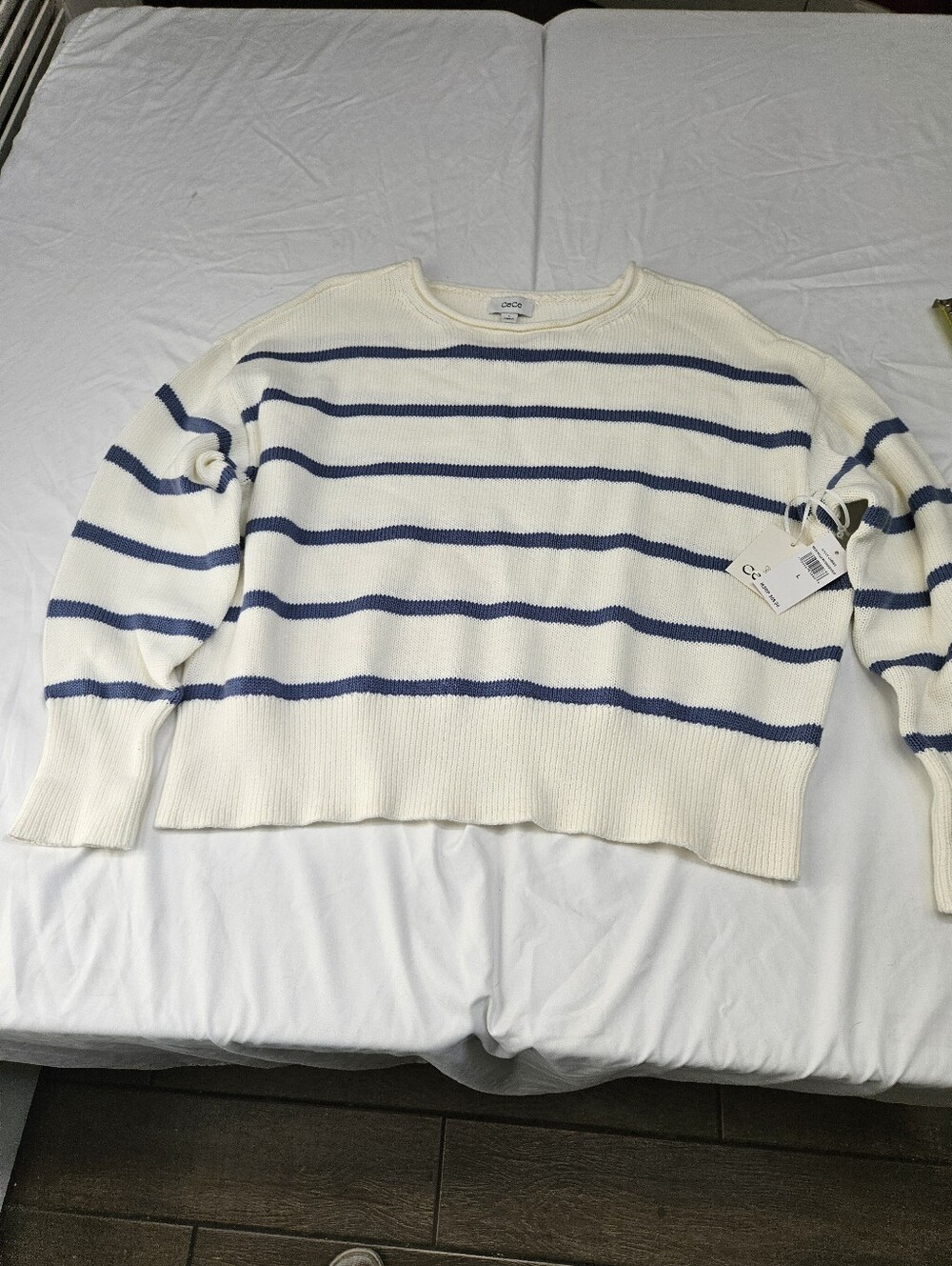 Cece Cream and Periwinkle Blue Striped Crewneck Sweater